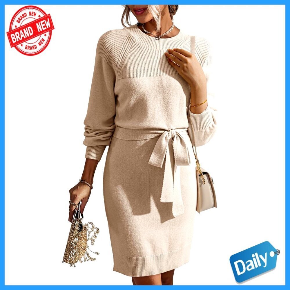 Crewneck Long Sleeve Empire Waist Ribbed Knit Mini Sweater Dress with Belt